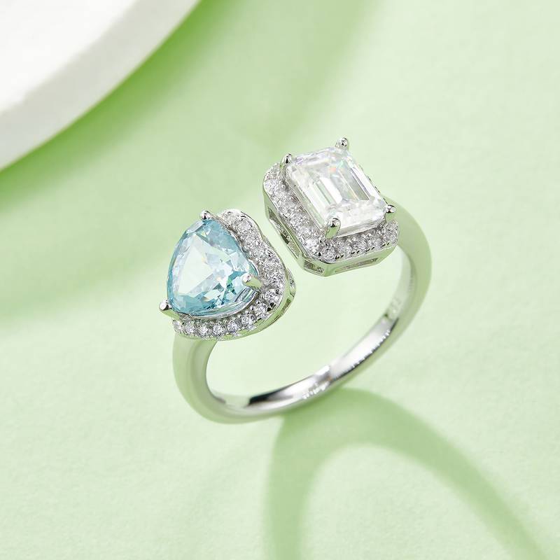 心形冰花切AND长方MoissaniteS925银镀白金Women's Ring1ctD级